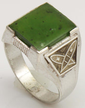Load image into Gallery viewer, Vintage 1940's SIGNED Ostby &amp; Barton Winter Motif Snowshoe &amp; Sled Dog Alaskan Jade Silver Men's Ring
