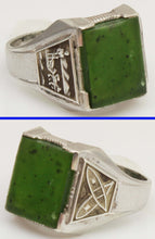 Load image into Gallery viewer, Vintage 1940's SIGNED Ostby &amp; Barton Winter Motif Snowshoe &amp; Sled Dog Alaskan Jade Silver Men's Ring