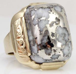 Antique 1920's Art Deco RARE Natural Silver Ore in Quartz Hand Engraved 10k Solid Gold Men's Ring