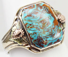 Load image into Gallery viewer, Antique 1920&#39;s Art Deco Natural RARE SWIRLING Kingman Turquoise Silver &amp; 10k Tricolor Gold Mens Ring