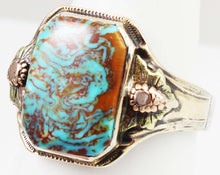 Load image into Gallery viewer, Antique 1920&#39;s Art Deco Natural RARE SWIRLING Kingman Turquoise Silver &amp; 10k Tricolor Gold Mens Ring