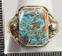 Load image into Gallery viewer, Antique 1920&#39;s Art Deco Natural RARE SWIRLING Kingman Turquoise Silver &amp; 10k Tricolor Gold Mens Ring