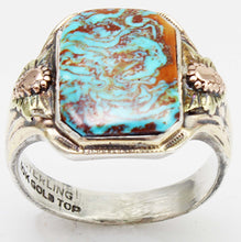 Load image into Gallery viewer, Antique 1920&#39;s Art Deco Natural RARE SWIRLING Kingman Turquoise Silver &amp; 10k Tricolor Gold Mens Ring