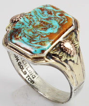 Load image into Gallery viewer, Antique 1920&#39;s Art Deco Natural RARE SWIRLING Kingman Turquoise Silver &amp; 10k Tricolor Gold Mens Ring