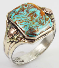 Load image into Gallery viewer, Antique 1920&#39;s Art Deco Natural RARE SWIRLING Kingman Turquoise Silver &amp; 10k Tricolor Gold Mens Ring