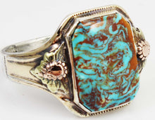 Load image into Gallery viewer, Antique 1920&#39;s Art Deco Natural RARE SWIRLING Kingman Turquoise Silver &amp; 10k Tricolor Gold Mens Ring