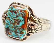 Load image into Gallery viewer, Antique 1920&#39;s Art Deco Natural RARE SWIRLING Kingman Turquoise Silver &amp; 10k Tricolor Gold Mens Ring