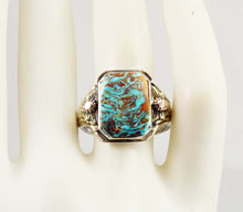 Load image into Gallery viewer, Antique 1920&#39;s Art Deco Natural RARE SWIRLING Kingman Turquoise Silver &amp; 10k Tricolor Gold Mens Ring