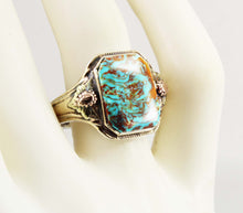 Load image into Gallery viewer, Antique 1920&#39;s Art Deco Natural RARE SWIRLING Kingman Turquoise Silver &amp; 10k Tricolor Gold Mens Ring