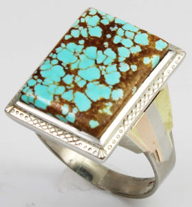 Antique 1920's Art Deco RARE Natural #8 Mine Nevada Turquoise 10k Solid Tricolor Gold Men's Ring