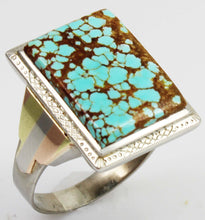 Load image into Gallery viewer, Antique 1920&#39;s Art Deco RARE Natural #8 Mine Nevada Turquoise 10k Solid Tricolor Gold Men&#39;s Ring