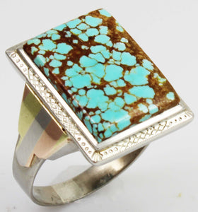 Antique 1920's Art Deco RARE Natural #8 Mine Nevada Turquoise 10k Solid Tricolor Gold Men's Ring