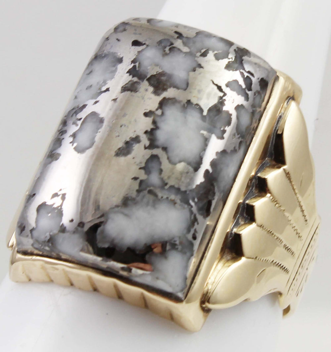 HEAVY Antique Victorian LARGE RARE Natural Silver Ore in Quartz Engraved 14k Solid Gold Men's Ring