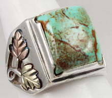 Load image into Gallery viewer, Estate RARE ORANGE MATRIX Natural Kingman Turquoise 12k Solid Rose &amp; Green Gold &amp; Silver Men&#39;s Ring