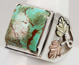 Estate RARE ORANGE MATRIX Natural Kingman Turquoise 12k Solid Rose & Green Gold & Silver Men's Ring