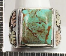 Load image into Gallery viewer, Estate RARE ORANGE MATRIX Natural Kingman Turquoise 12k Solid Rose &amp; Green Gold &amp; Silver Men&#39;s Ring