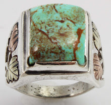 Load image into Gallery viewer, Estate RARE ORANGE MATRIX Natural Kingman Turquoise 12k Solid Rose &amp; Green Gold &amp; Silver Men&#39;s Ring