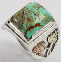 Load image into Gallery viewer, Estate RARE ORANGE MATRIX Natural Kingman Turquoise 12k Solid Rose &amp; Green Gold &amp; Silver Men&#39;s Ring