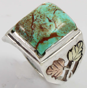 Estate RARE ORANGE MATRIX Natural Kingman Turquoise 12k Solid Rose & Green Gold & Silver Men's Ring