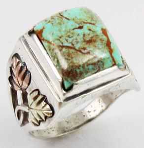 Estate RARE ORANGE MATRIX Natural Kingman Turquoise 12k Solid Rose & Green Gold & Silver Men's Ring