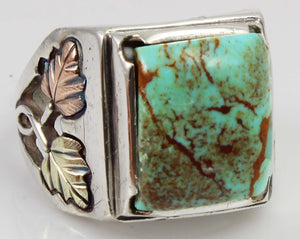 Estate RARE ORANGE MATRIX Natural Kingman Turquoise 12k Solid Rose & Green Gold & Silver Men's Ring