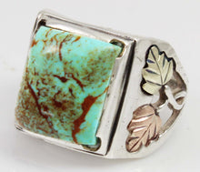 Load image into Gallery viewer, Estate RARE ORANGE MATRIX Natural Kingman Turquoise 12k Solid Rose &amp; Green Gold &amp; Silver Men&#39;s Ring