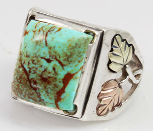 Estate RARE ORANGE MATRIX Natural Kingman Turquoise 12k Solid Rose & Green Gold & Silver Men's Ring