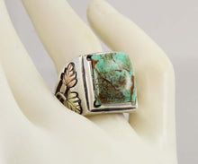 Load image into Gallery viewer, Estate RARE ORANGE MATRIX Natural Kingman Turquoise 12k Solid Rose &amp; Green Gold &amp; Silver Men&#39;s Ring