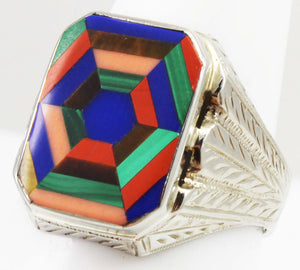 Antique 1920's Art Deco Lapis Tiger's Eye Jasper Opal & Malachite 14k Solid White Gold Men's Ring