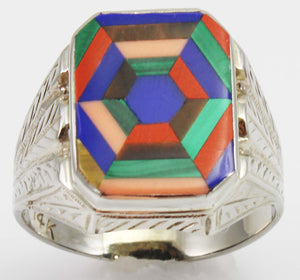 Antique 1920's Art Deco Lapis Tiger's Eye Jasper Opal & Malachite 14k Solid White Gold Men's Ring