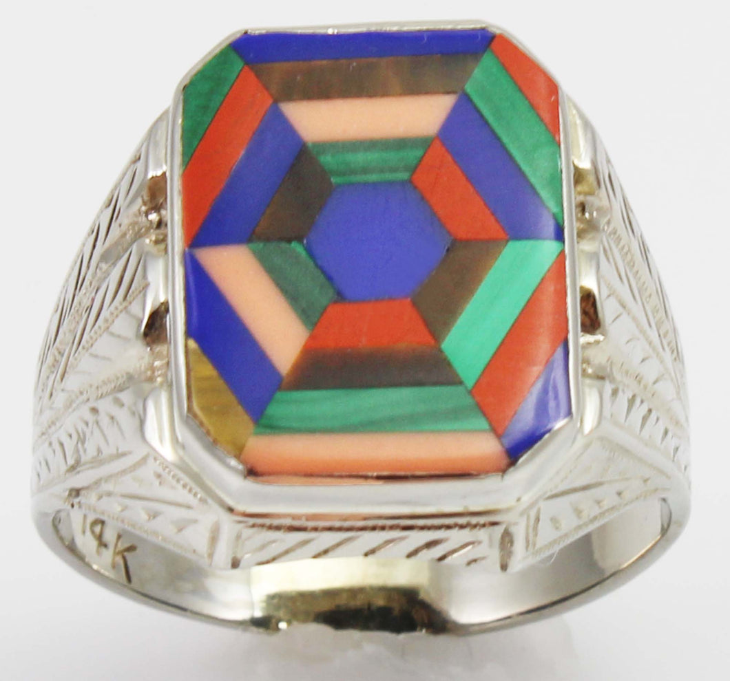 Antique 1920's Art Deco Lapis Tiger's Eye Jasper Opal & Malachite 14k Solid White Gold Men's Ring