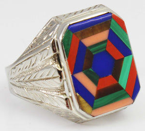 Antique 1920's Art Deco Lapis Tiger's Eye Jasper Opal & Malachite 14k Solid White Gold Men's Ring