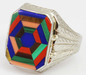 Antique 1920's Art Deco Lapis Tiger's Eye Jasper Opal & Malachite 14k Solid White Gold Men's Ring