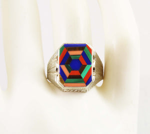 Antique 1920's Art Deco Lapis Tiger's Eye Jasper Opal & Malachite 14k Solid White Gold Men's Ring