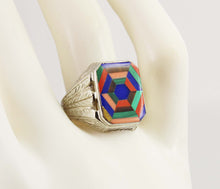 Load image into Gallery viewer, Antique 1920&#39;s Art Deco Lapis Tiger&#39;s Eye Jasper Opal &amp; Malachite 14k Solid White Gold Men&#39;s Ring