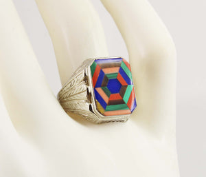 Antique 1920's Art Deco Lapis Tiger's Eye Jasper Opal & Malachite 14k Solid White Gold Men's Ring