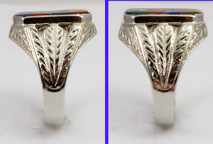 Antique 1920's Art Deco Lapis Tiger's Eye Jasper Opal & Malachite 14k Solid White Gold Men's Ring