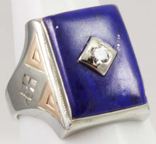 Load image into Gallery viewer, Antique 1920&#39;s Art Deco Natural Lapis &amp; Antique Cut Diamond 10k Solid White &amp; Rose Gold Men&#39;s Ring