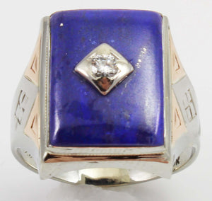 Antique 1920's Art Deco Natural Lapis & Antique Cut Diamond 10k Solid White & Rose Gold Men's Ring