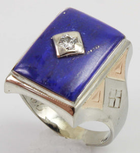 Antique 1920's Art Deco Natural Lapis & Antique Cut Diamond 10k Solid White & Rose Gold Men's Ring