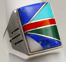 Load image into Gallery viewer, Antique SIGNED Ostby &amp; Barton Turquoise Lapis Malachite Coral RARE Intarsia Inlay Silver Men's Ring