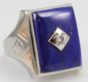 Antique 1920's Art Deco Natural Lapis & Antique Cut Diamond 10k Solid White & Rose Gold Men's Ring