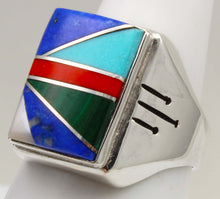 Load image into Gallery viewer, Antique SIGNED Ostby &amp; Barton Turquoise Lapis Malachite Coral RARE Intarsia Inlay Silver Men's Ring