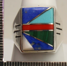 Load image into Gallery viewer, Antique SIGNED Ostby &amp; Barton Turquoise Lapis Malachite Coral RARE Intarsia Inlay Silver Men's Ring