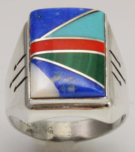 Load image into Gallery viewer, Antique SIGNED Ostby &amp; Barton Turquoise Lapis Malachite Coral RARE Intarsia Inlay Silver Men's Ring