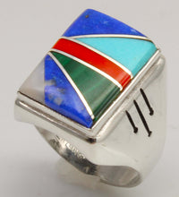 Load image into Gallery viewer, Antique SIGNED Ostby &amp; Barton Turquoise Lapis Malachite Coral RARE Intarsia Inlay Silver Men's Ring