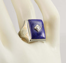 Load image into Gallery viewer, Antique 1920&#39;s Art Deco Natural Lapis &amp; Antique Cut Diamond 10k Solid White &amp; Rose Gold Men&#39;s Ring