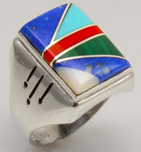 Load image into Gallery viewer, Antique SIGNED Ostby &amp; Barton Turquoise Lapis Malachite Coral RARE Intarsia Inlay Silver Men's Ring