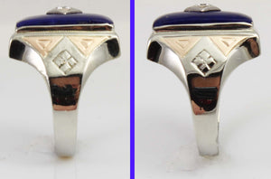 Antique 1920's Art Deco Natural Lapis & Antique Cut Diamond 10k Solid White & Rose Gold Men's Ring