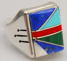 Load image into Gallery viewer, Antique SIGNED Ostby &amp; Barton Turquoise Lapis Malachite Coral RARE Intarsia Inlay Silver Men's Ring